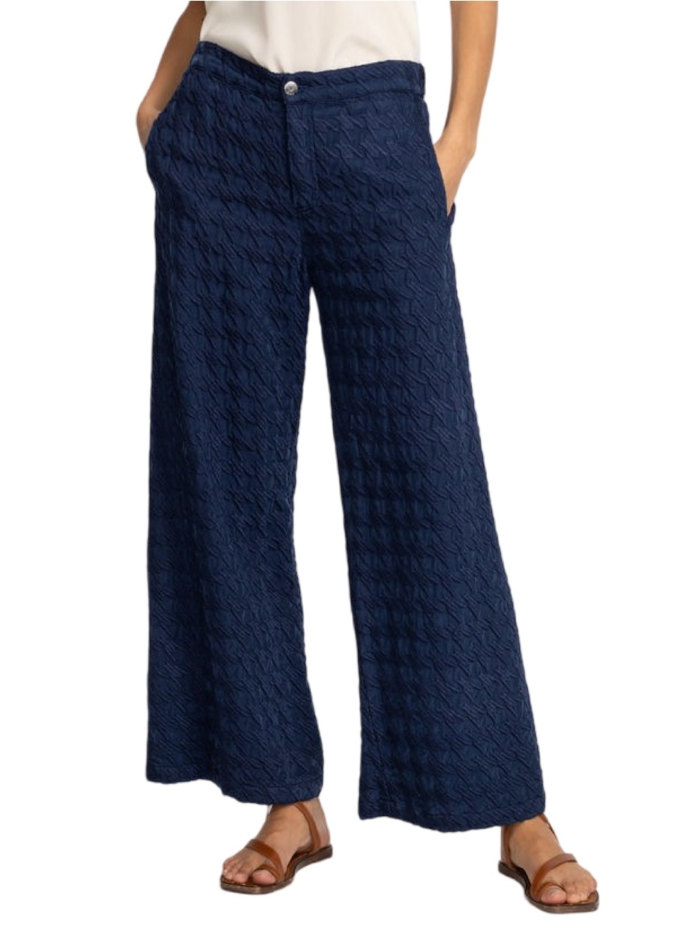 Johnny Was Biya Womens Size S Navy Blue Hiro Houndstooth Wide Leg Textured Pants